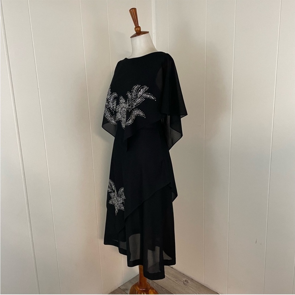 Vintage Dress Women’s L Short Flutter Sleeve Tiered Midi Glitter Flower - Picture 9 of 15